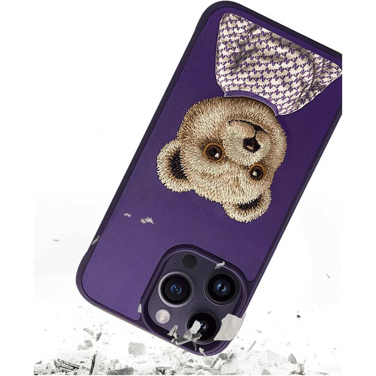 قاب محافظ گوشی آیفون 15 طرح خرس نیمی با موی واقعی