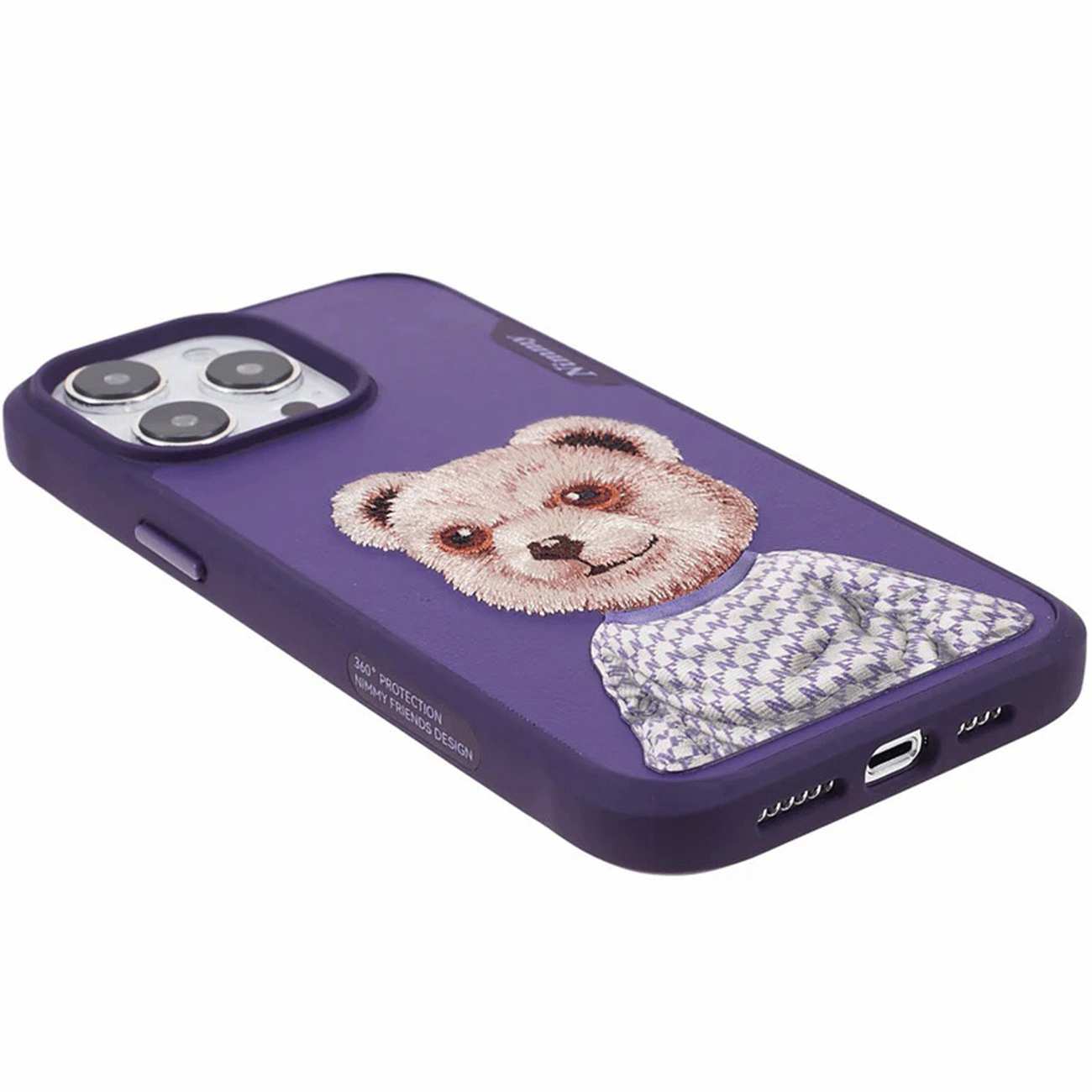 قاب محافظ گوشی آیفون 15 طرح خرس نیمی با موی واقعی