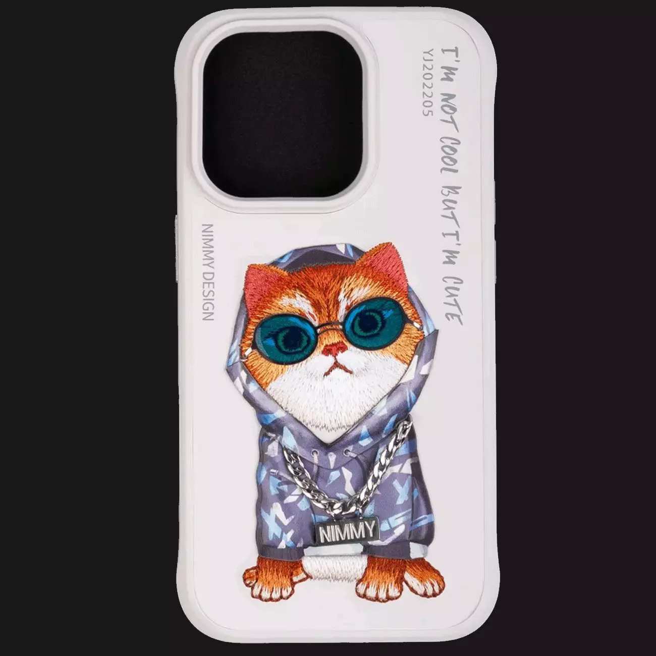 قاب محافظ گوشی آیفون 15 طرح گربه با عینک و زنجیر واقعی و خز گلدوزیشده نیمی YJ202205