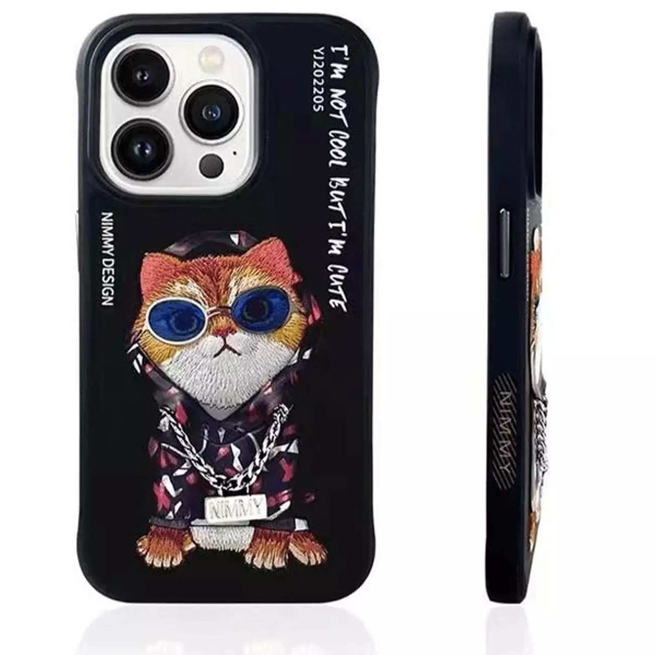 قاب محافظ گوشی آیفون 15 طرح گربه با عینک و زنجیر واقعی و خز گلدوزیشده نیمی YJ202205