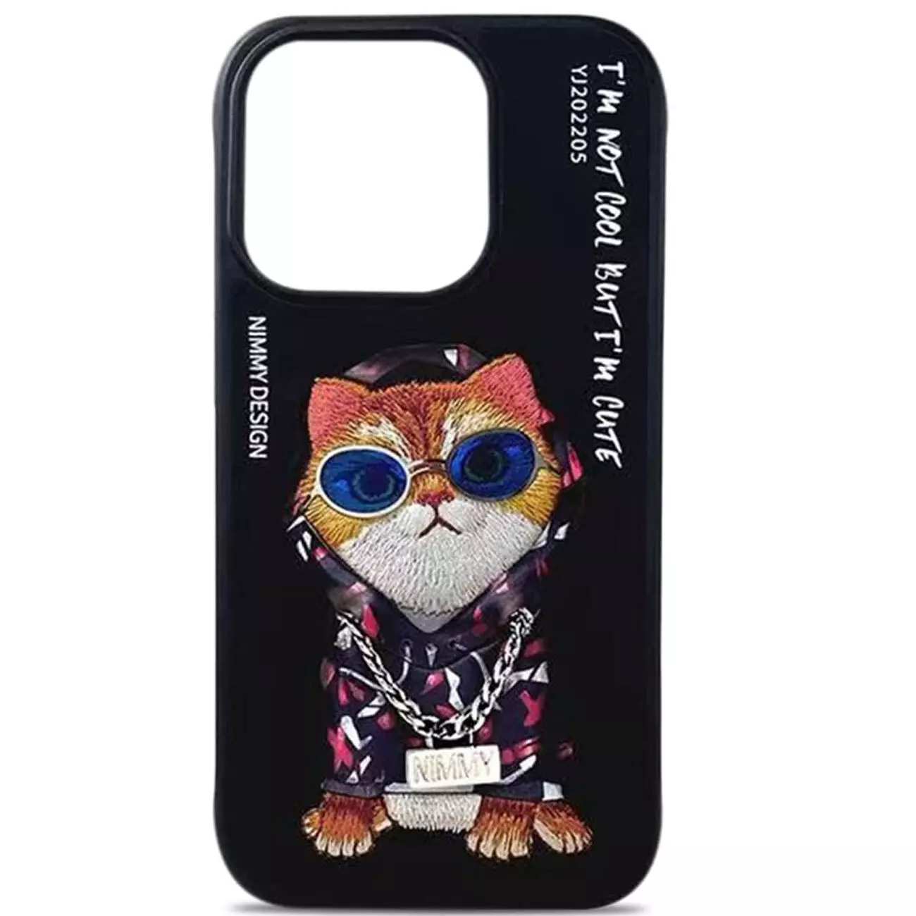 قاب محافظ گوشی آیفون 15 طرح گربه با عینک و زنجیر واقعی و خز گلدوزیشده نیمی YJ202205