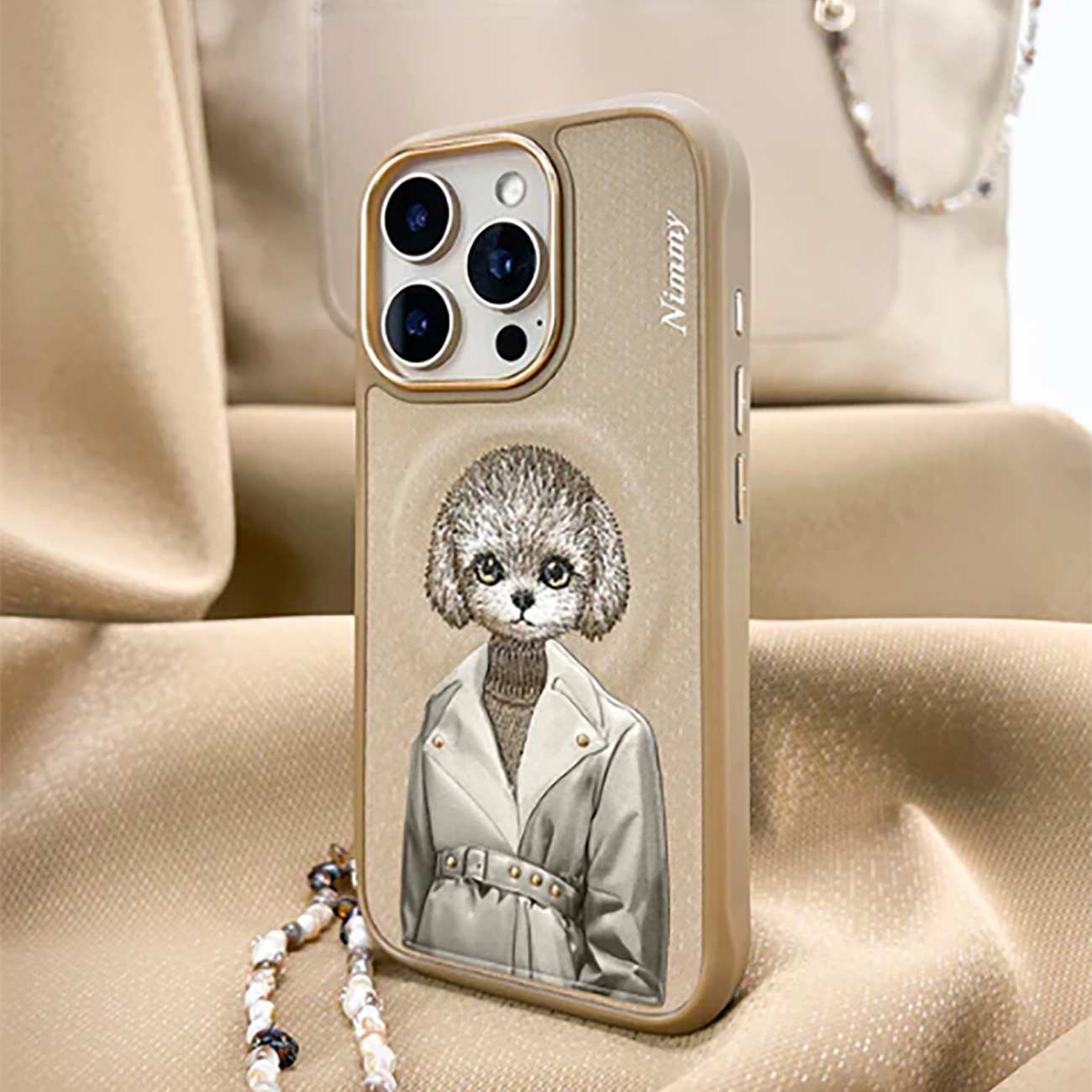 قاب مغناطیسی گوشی آیفون 16 طرح سگ گلدوزی شده نیمی