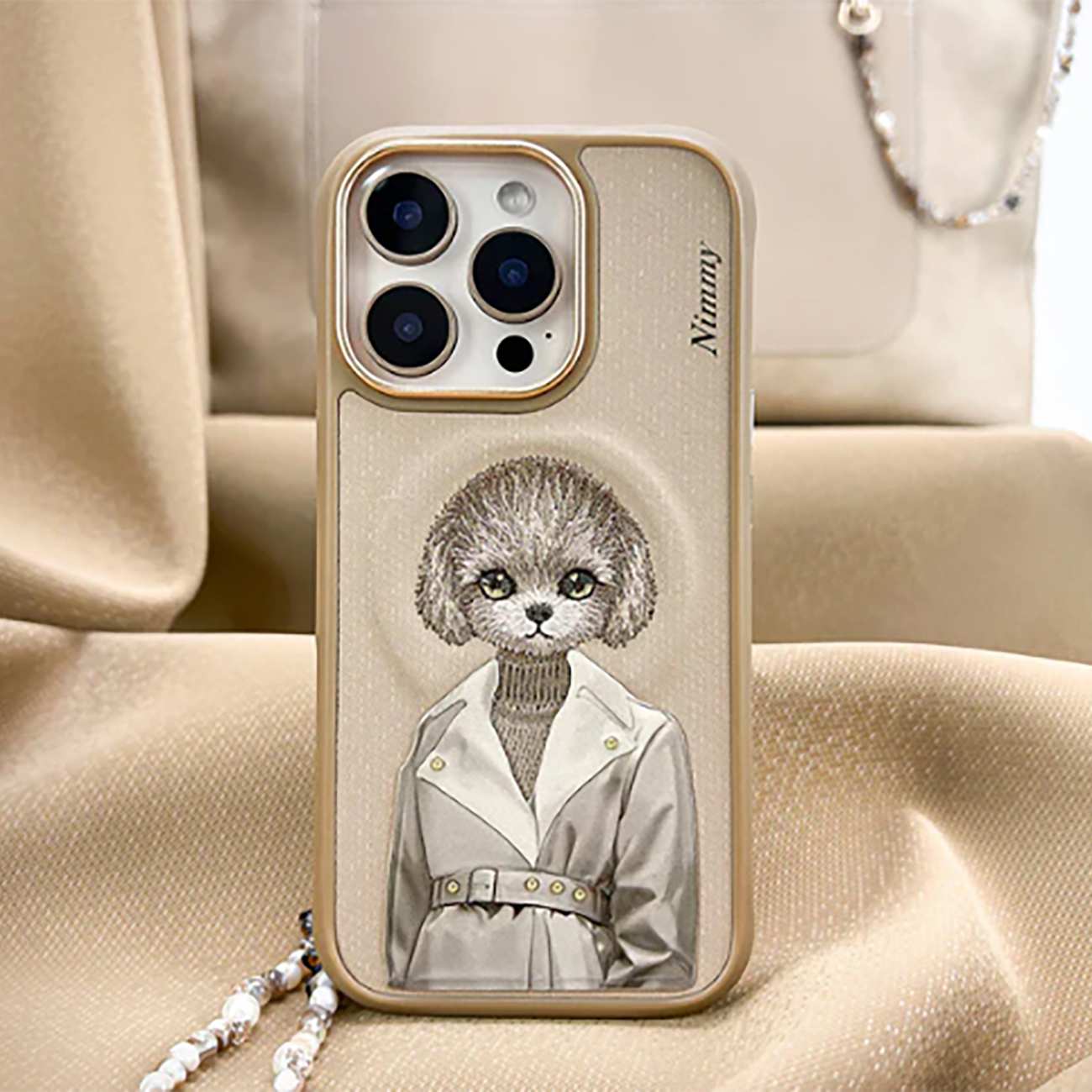 قاب مغناطیسی گوشی آیفون 16 طرح سگ گلدوزی شده نیمی