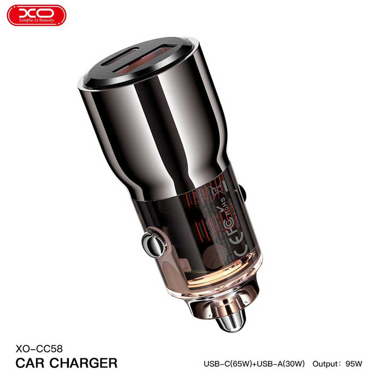 شارژر فندکی فست شارژ ماشین USB و تایپسی 95 وات ایکساو CC58