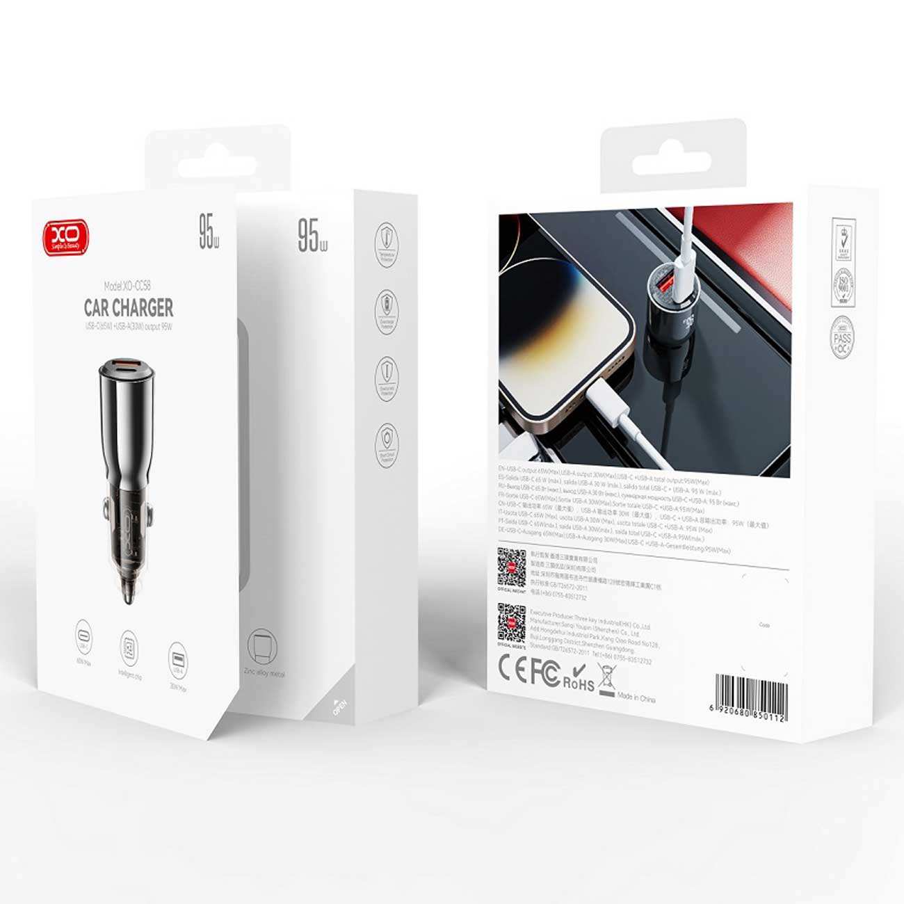 شارژر فندکی فست شارژ ماشین USB و تایپسی 95 وات ایکساو CC58