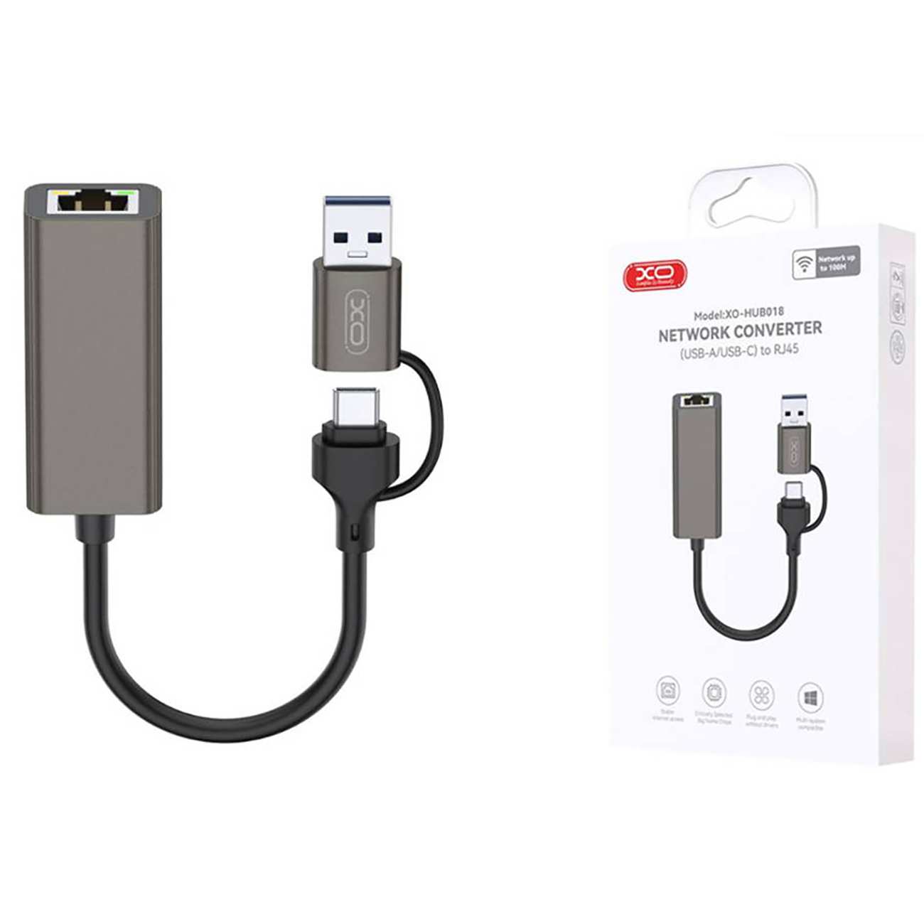 مبدل تایپ C و USB 3.0 به پورت شبکه ایکس او HUB018