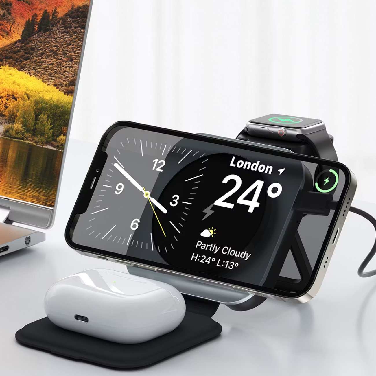 هولدر شارژر وایرلس 15 وات آیفون، ایرپاد، اپل واچ تاشو لِوِلو LVLTF31WCBK