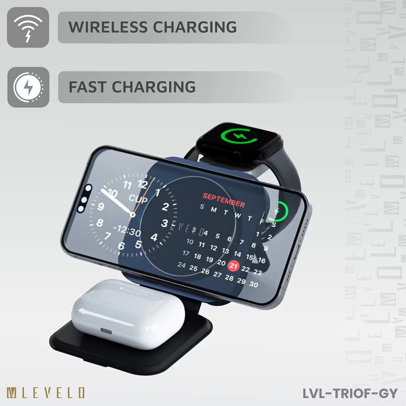 هولدر شارژر وایرلس 15 وات آیفون، ایرپاد، اپل واچ تاشو لِوِلو LVLTF31WCBK