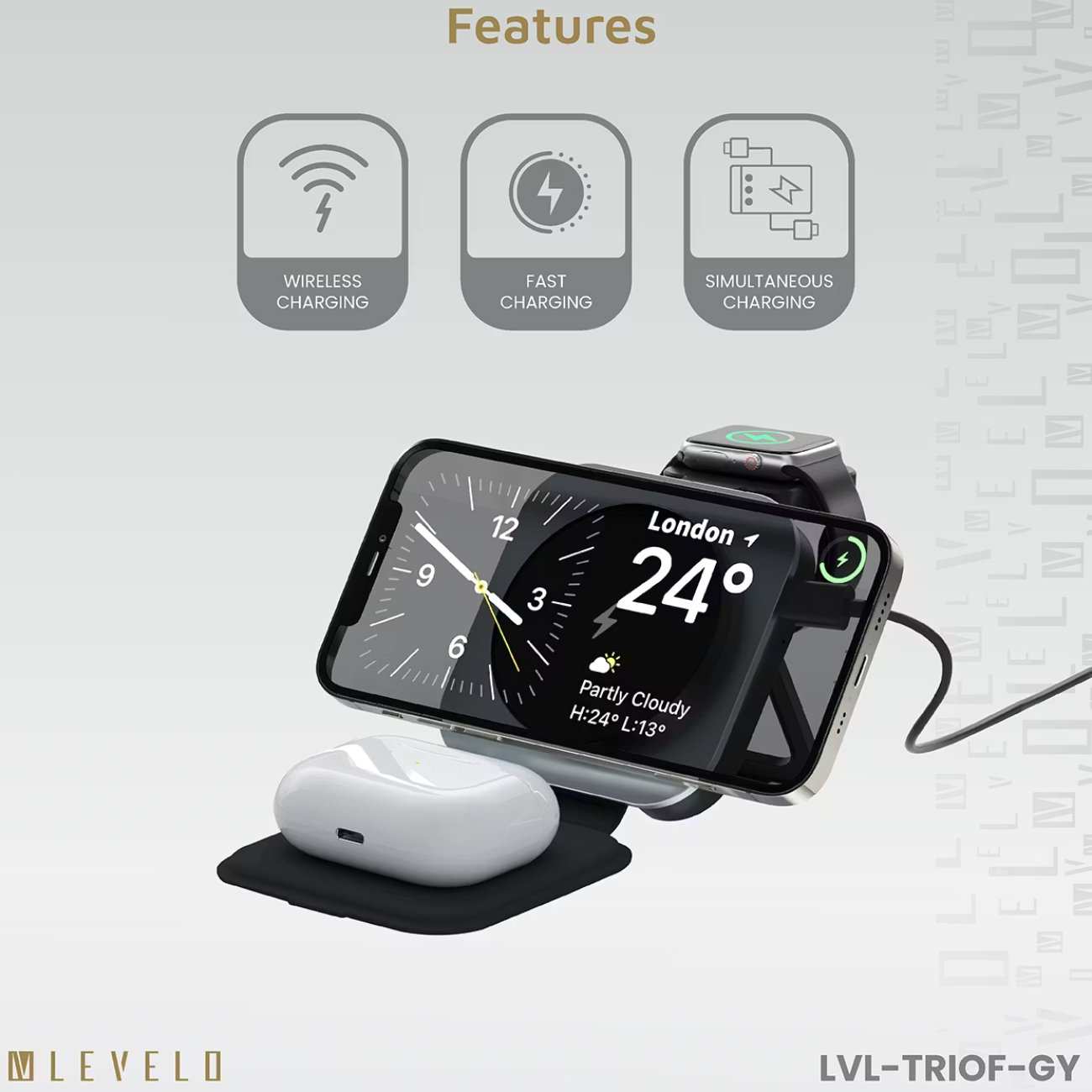 هولدر شارژر وایرلس 15 وات آیفون، ایرپاد، اپل واچ تاشو لِوِلو LVLTF31WCBK