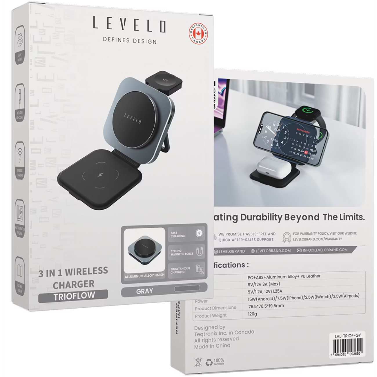 هولدر شارژر وایرلس 15 وات آیفون، ایرپاد، اپل واچ تاشو لِوِلو LVLTF31WCBK