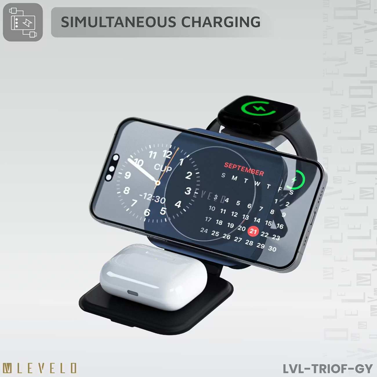 هولدر شارژر وایرلس 15 وات آیفون، ایرپاد، اپل واچ تاشو لِوِلو LVLTF31WCBK