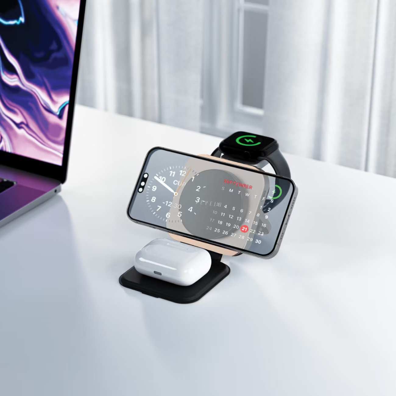 هولدر شارژر وایرلس 15 وات آیفون، ایرپاد، اپل واچ تاشو لِوِلو LVLTF31WCBK