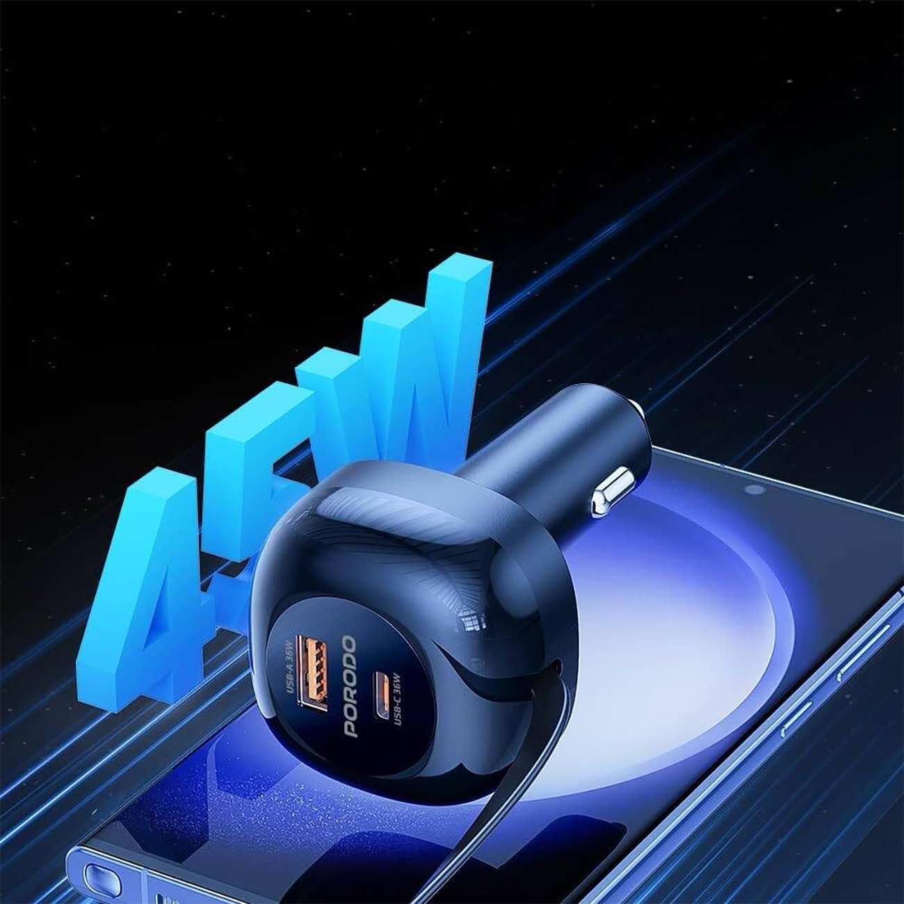 شارژر فندکی فست شارژ ماشین 47 وات Type-C و USB پورودو PD-FWCH030-BK