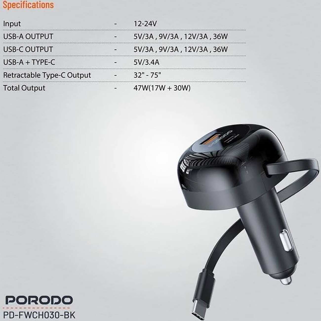 شارژر فندکی فست شارژ ماشین 47 وات Type-C و USB پورودو PD-FWCH030-BK