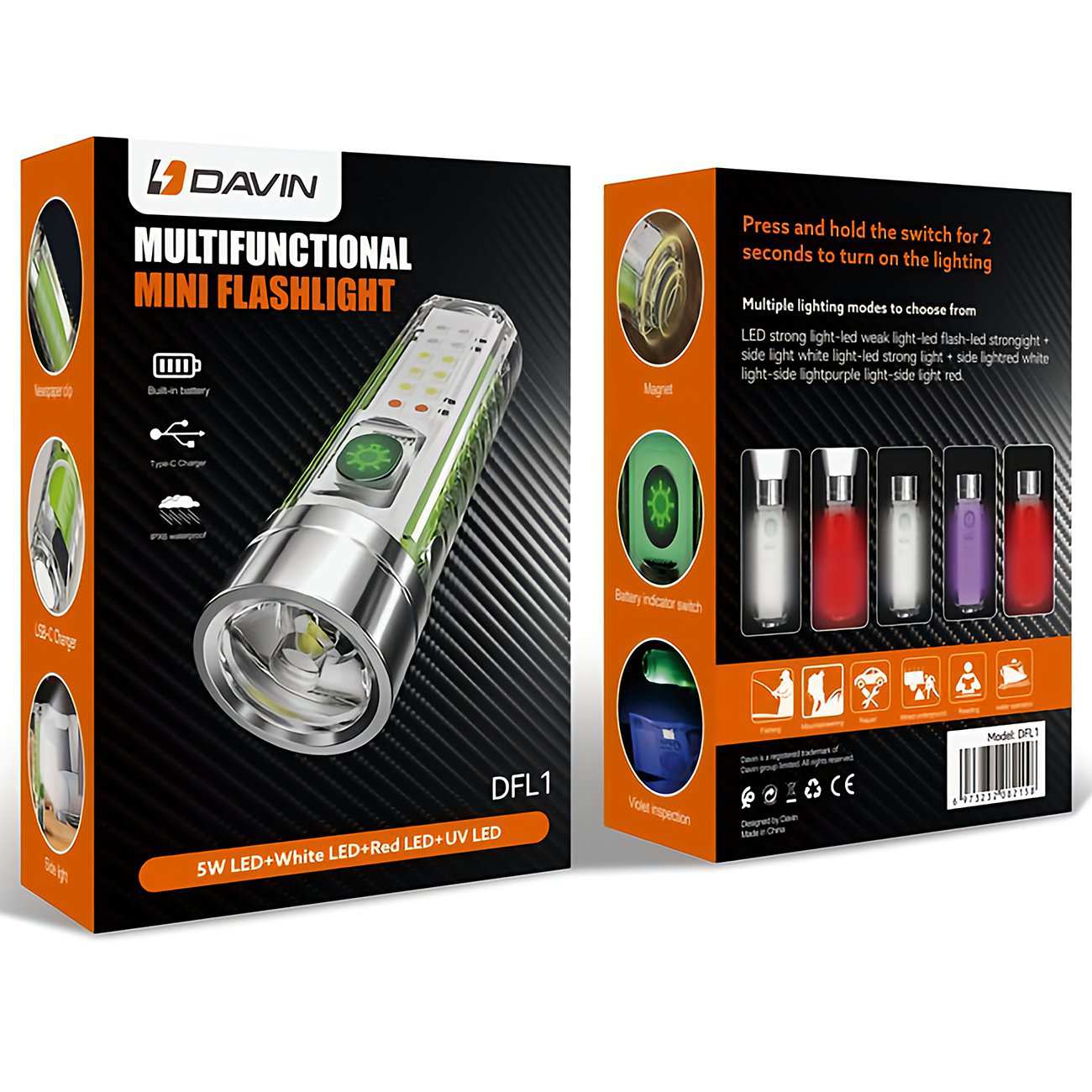 مینی چراغ قوه شارژی ضدآب با نور فرابنفش یووی داوین DFL1