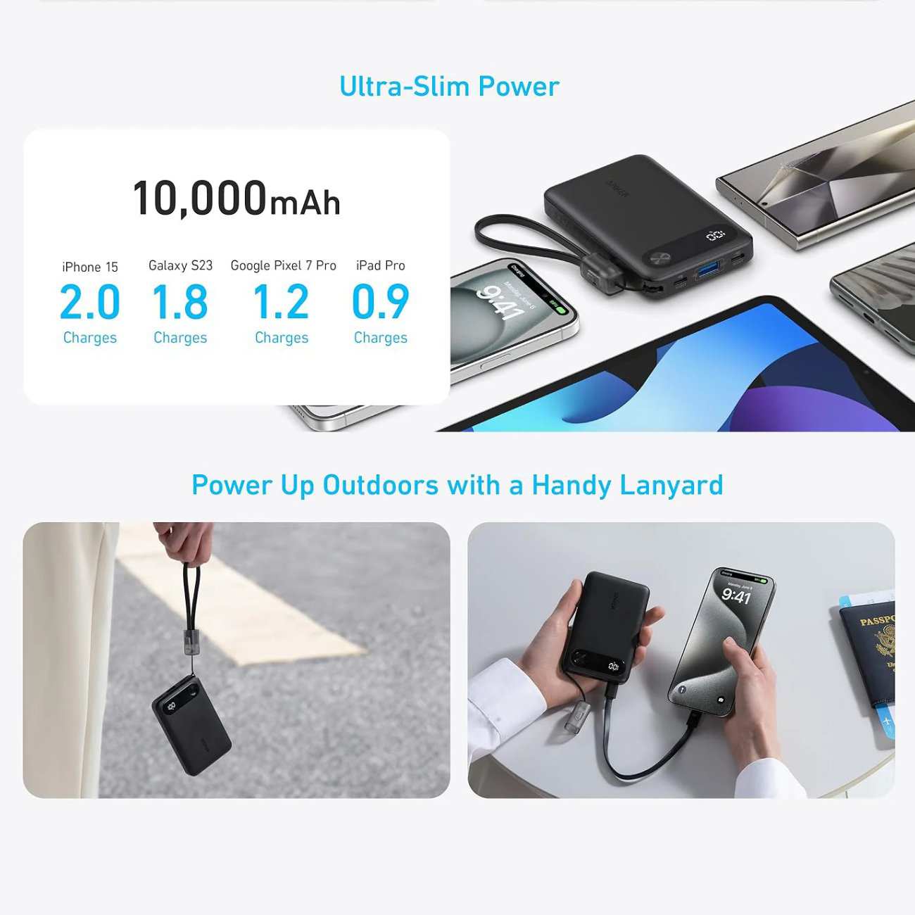 پاور بانک 10000 میلیآمپر 22.5 وات فست شارژ Type-C و USB همراه با کابل دو سر تایپ سی انکرA1257