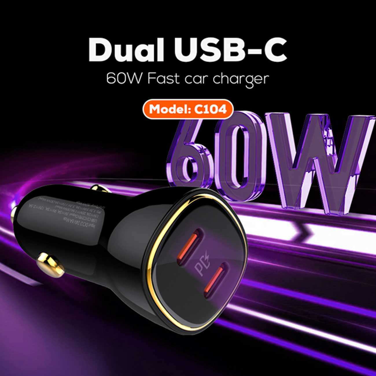 شارژر فندکی فست شارژ ماشین تایپسی 60 وات الدنیو C104 همراه با کابل شارژ