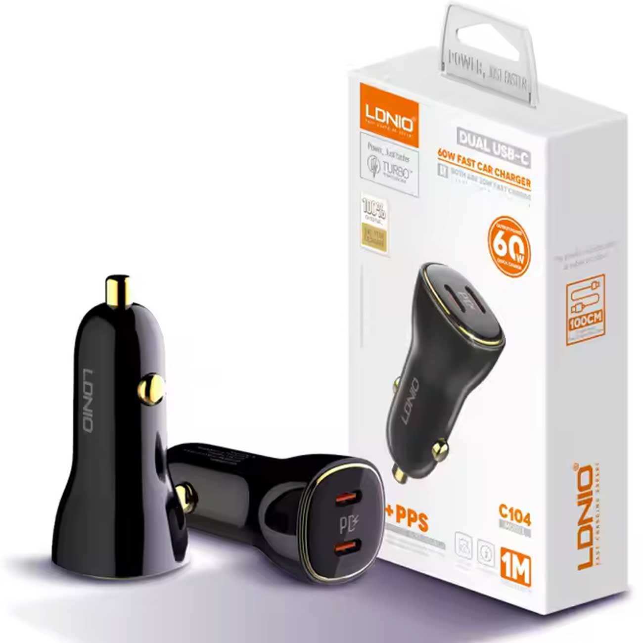 شارژر فندکی فست شارژ ماشین تایپسی 60 وات الدنیو C104 همراه با کابل شارژ