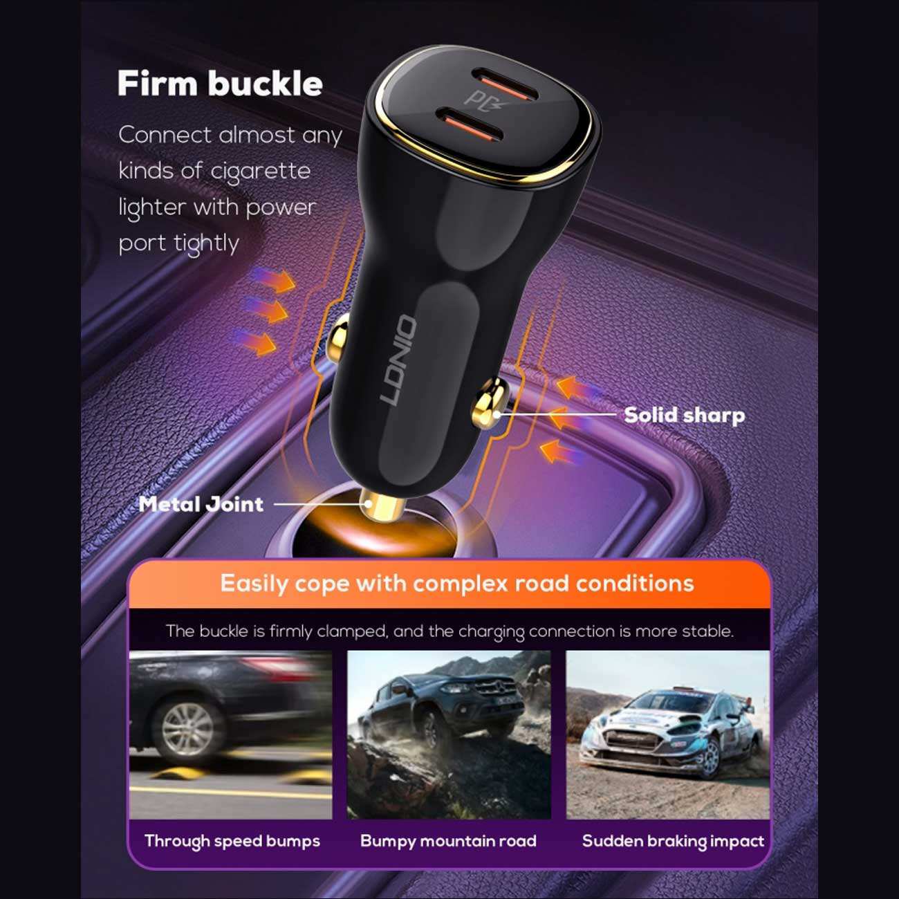 شارژر فندکی فست شارژ ماشین تایپسی 60 وات الدنیو C104 همراه با کابل شارژ