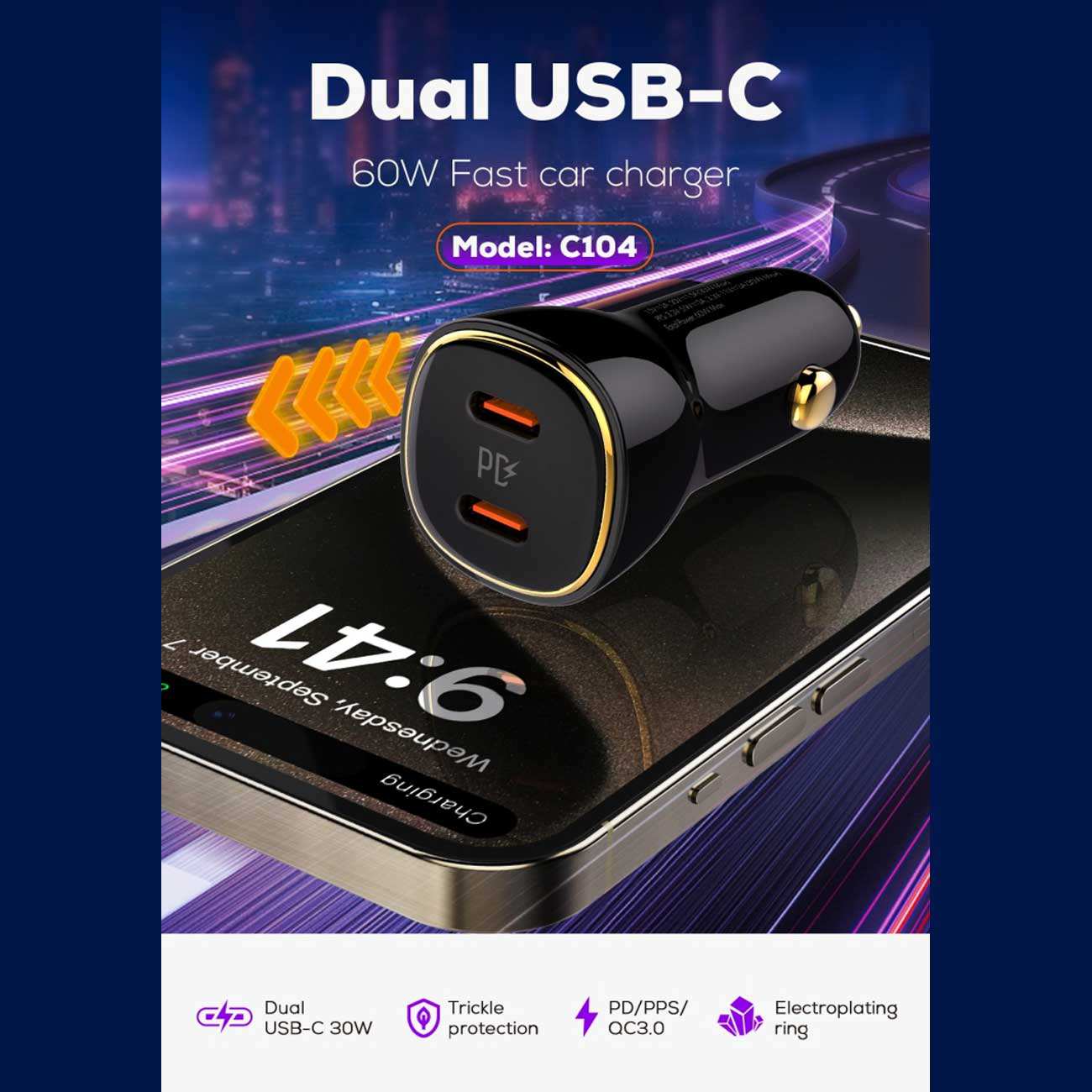 شارژر فندکی فست شارژ ماشین تایپسی 60 وات الدنیو C104 همراه با کابل شارژ