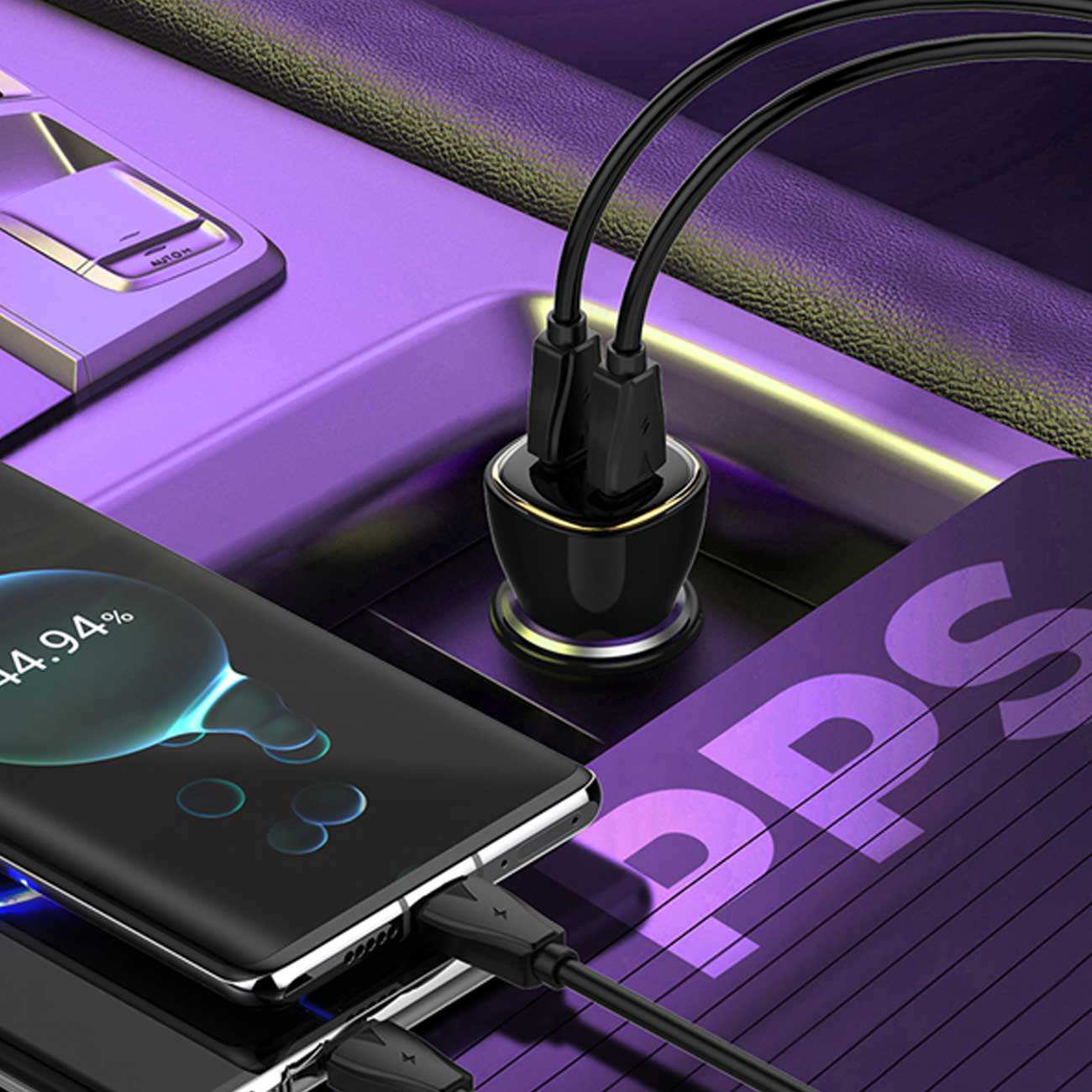 شارژر فندکی فست شارژ ماشین تایپسی 60 وات الدنیو C104 همراه با کابل شارژ