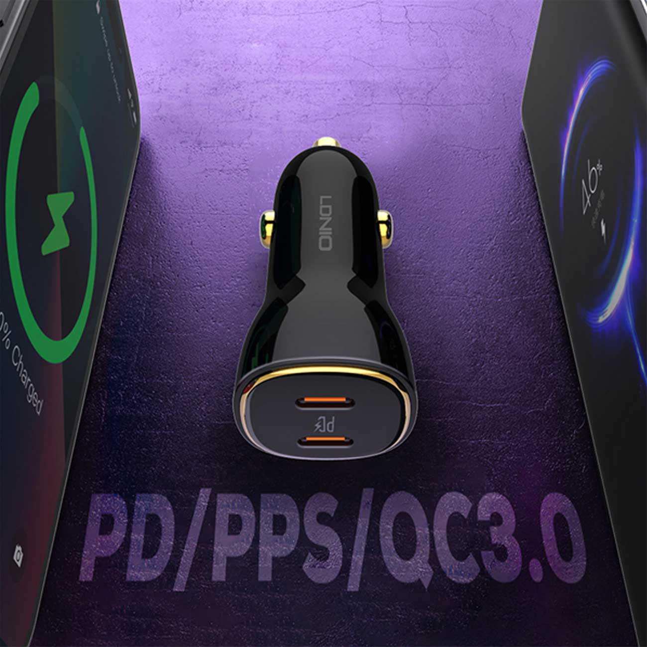 شارژر فندکی فست شارژ ماشین تایپسی 60 وات الدنیو C104 همراه با کابل شارژ