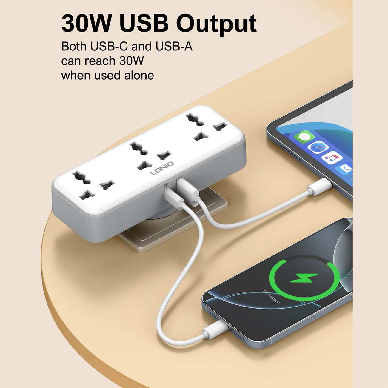 چندراهی برق دیواری 2500 وات 3 سوکت، یک USB و یک Type-C فست شارژ 30 وات الدنیو SC3317