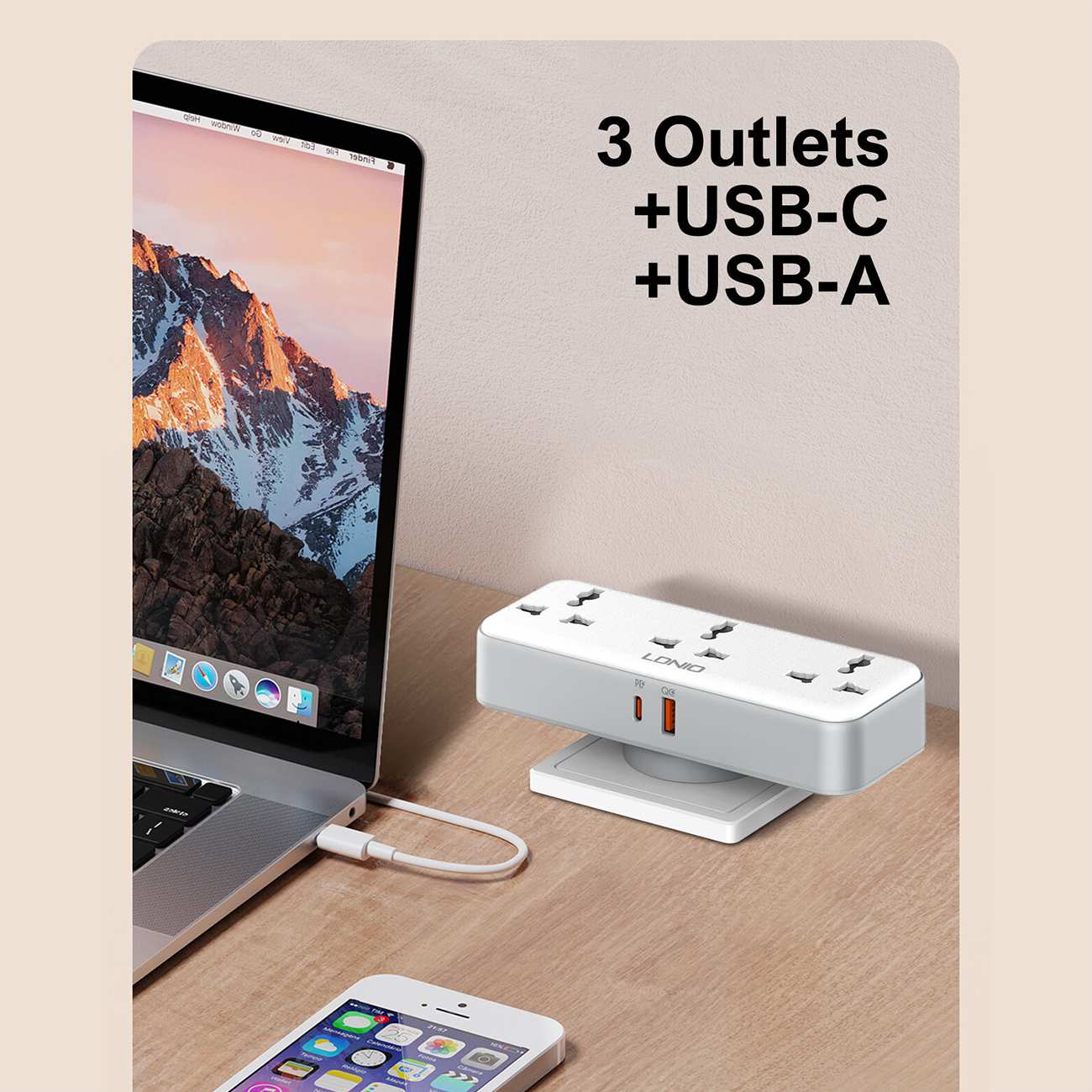 چندراهی برق دیواری 2500 وات 3 سوکت، یک USB و یک Type-C فست شارژ 30 وات الدنیو SC3317