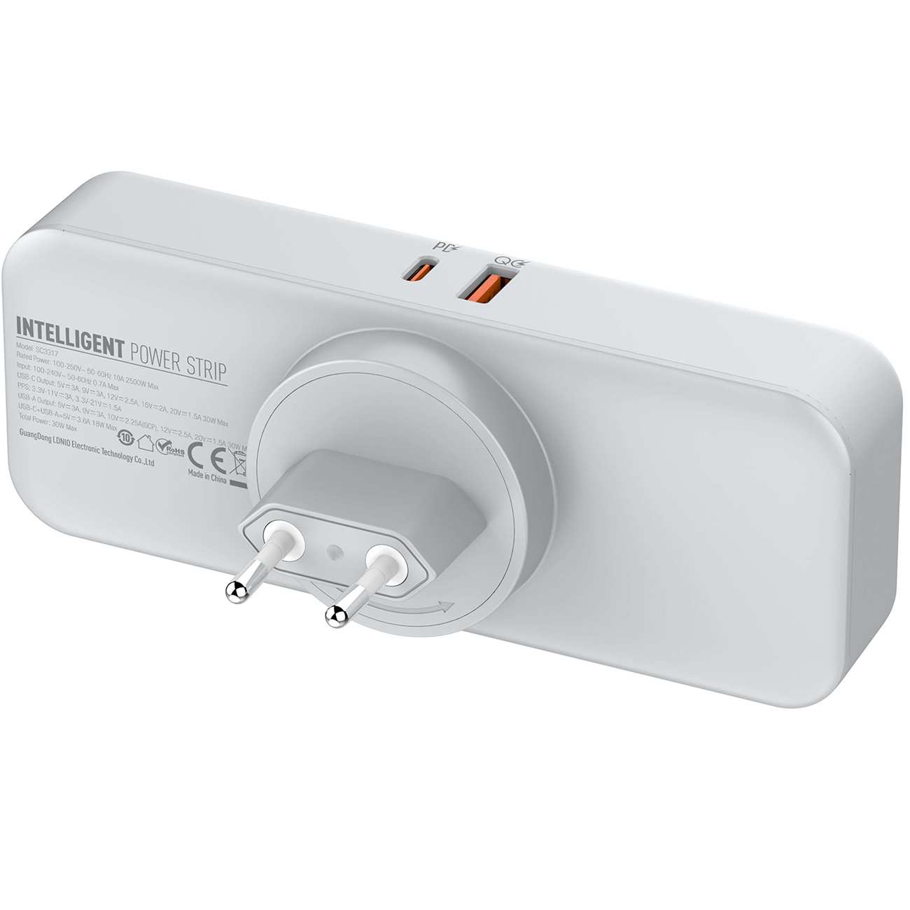 چندراهی برق دیواری 2500 وات 3 سوکت، یک USB و یک Type-C فست شارژ 30 وات الدنیو SC3317