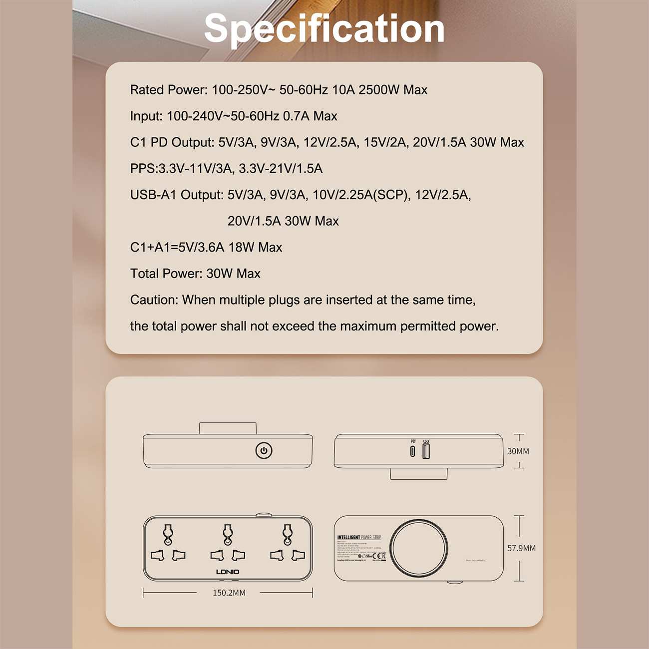 چندراهی برق دیواری 2500 وات 3 سوکت، یک USB و یک Type-C فست شارژ 30 وات الدنیو SC3317