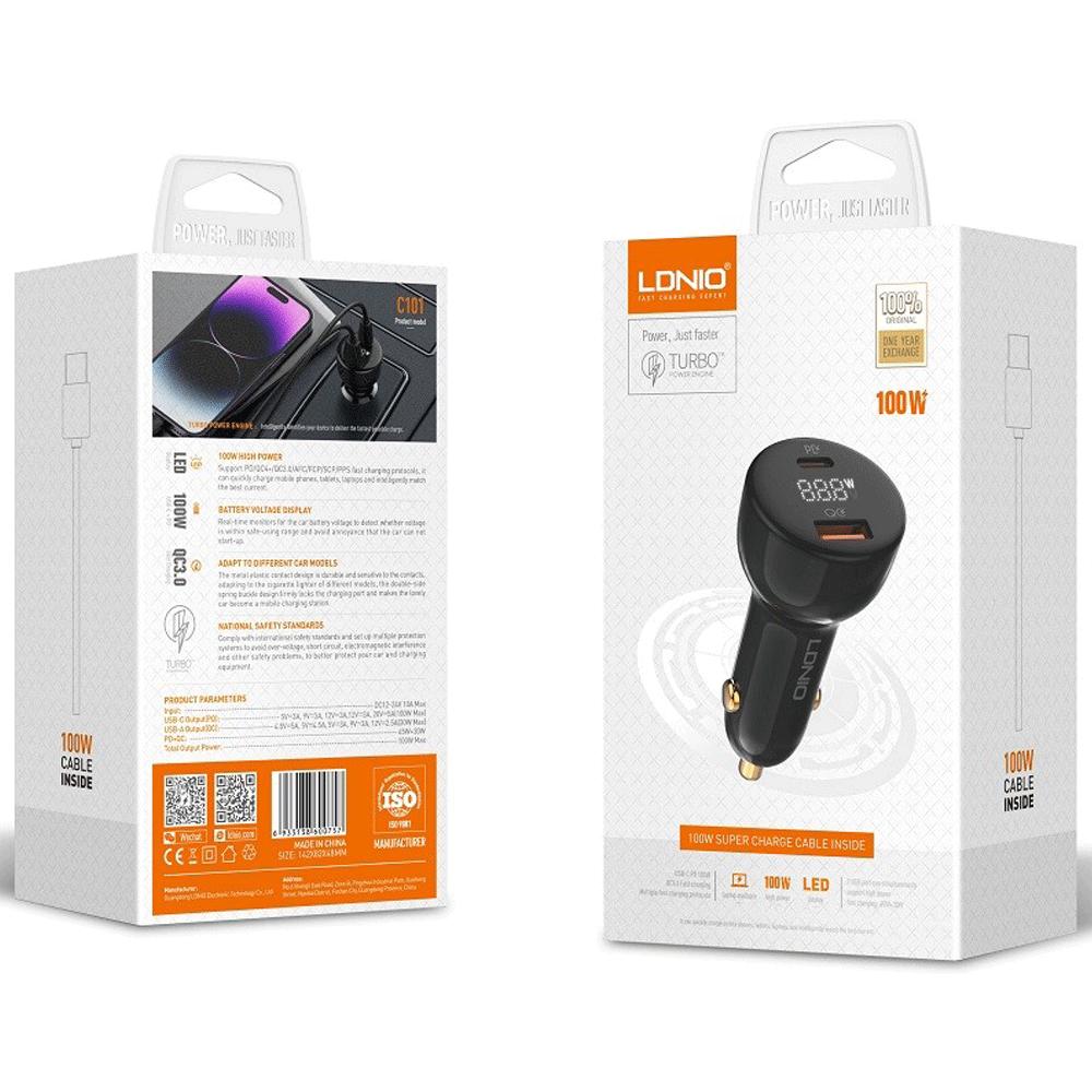 شارژر فندکی فست شارژ ماشین تایپسی 100 وات و یواسبی 30 وات الدنیو همراه کابل دوسر تایپسی C101