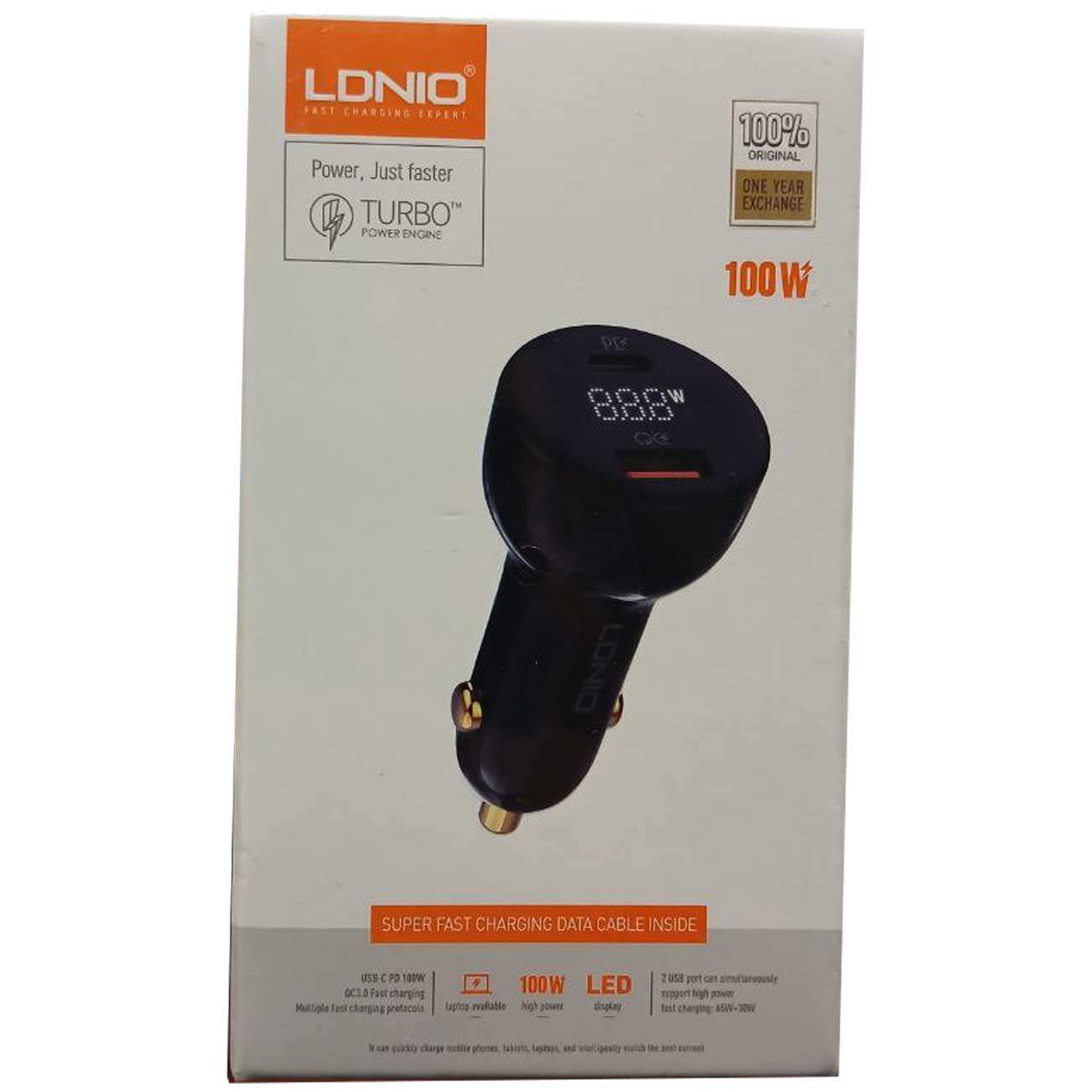 شارژر فندکی فست شارژ ماشین تایپسی 100 وات و یواسبی 30 وات الدنیو همراه کابل دوسر تایپسی C101