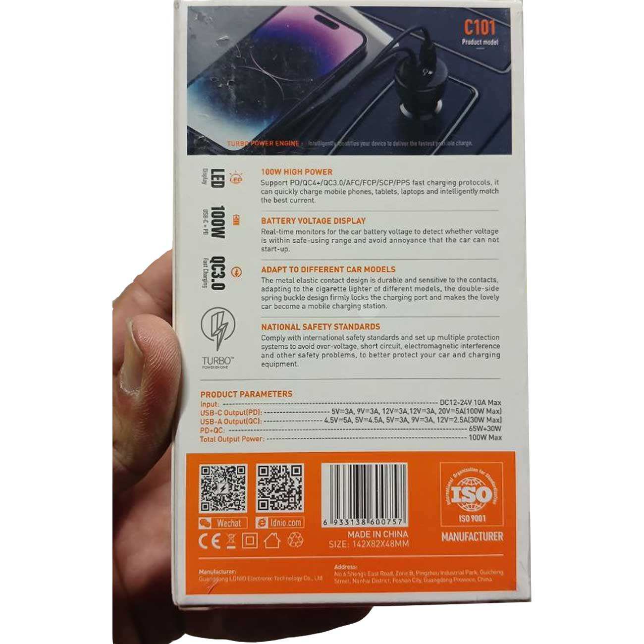 شارژر فندکی فست شارژ ماشین تایپسی 100 وات و یواسبی 30 وات الدنیو همراه کابل دوسر تایپسی C101