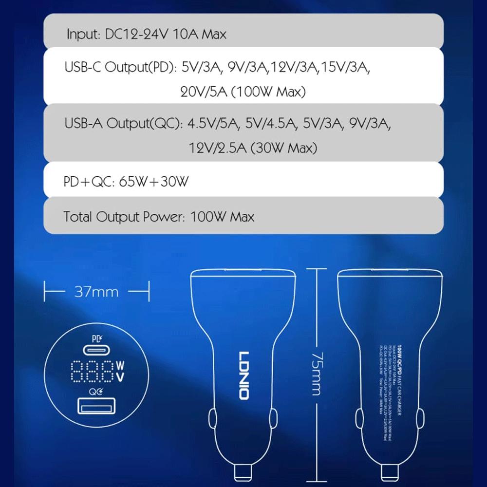 شارژر فندکی فست شارژ ماشین تایپسی 100 وات و یواسبی 30 وات الدنیو همراه کابل دوسر تایپسی C101
