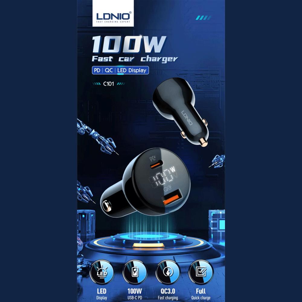 شارژر فندکی فست شارژ ماشین تایپسی 100 وات و یواسبی 30 وات الدنیو همراه کابل دوسر تایپسی C101