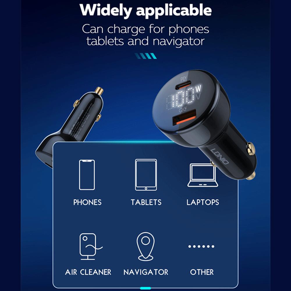 شارژر فندکی فست شارژ ماشین تایپسی 100 وات و یواسبی 30 وات الدنیو همراه کابل دوسر تایپسی C101