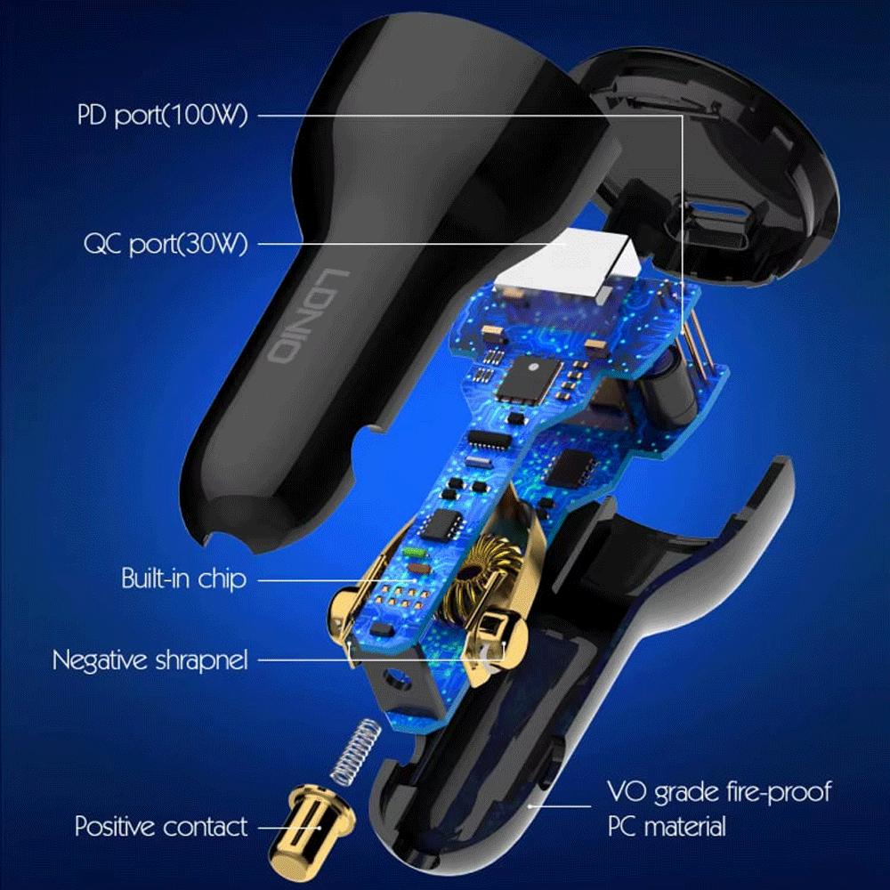 شارژر فندکی فست شارژ ماشین تایپسی 100 وات و یواسبی 30 وات الدنیو همراه کابل دوسر تایپسی C101