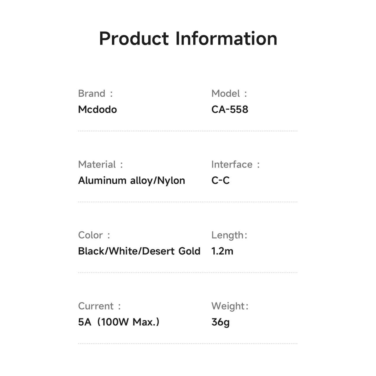 کابل شارژ سریع تایپ سی به تایپ سی 100 وات 5 آمپر 1.2 متری مکدودو CA-558