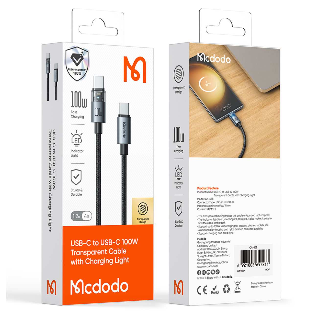 کابل شارژ سریع تایپ سی به تایپ سی 100 وات 5 آمپر 1.2 متری مکدودو CA-558