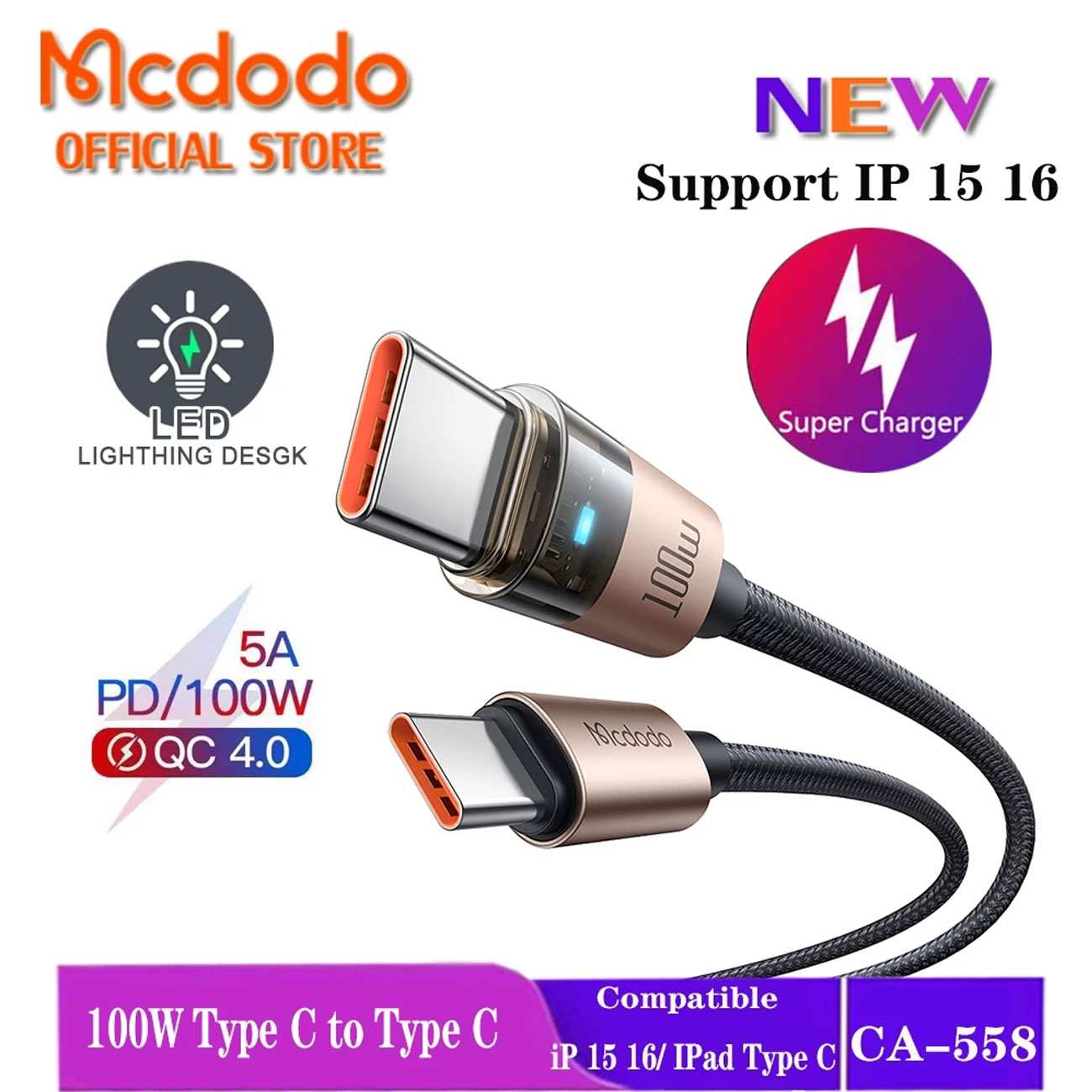 کابل شارژ سریع تایپ سی به تایپ سی 100 وات 5 آمپر 1.2 متری مکدودو CA-558