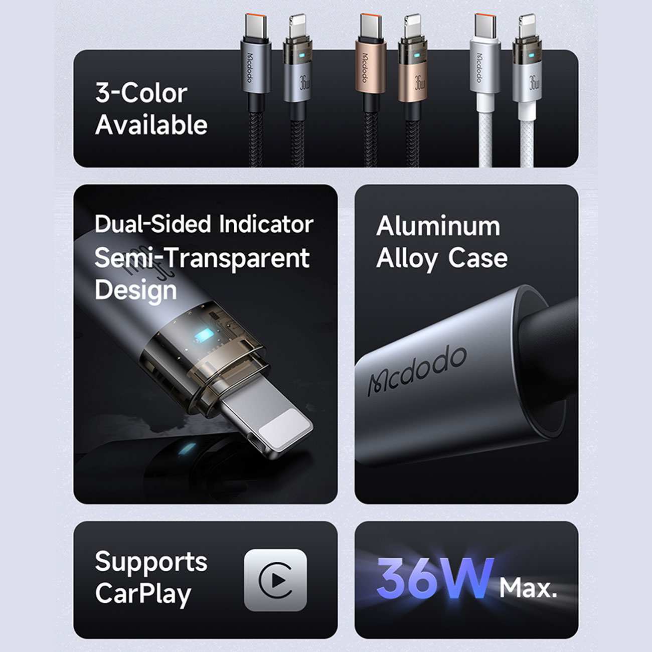 کابل شارژ سریع تایپ سی به لایتنینگ 36 وات 1.2 متری کارپلی مکدودو CA-694