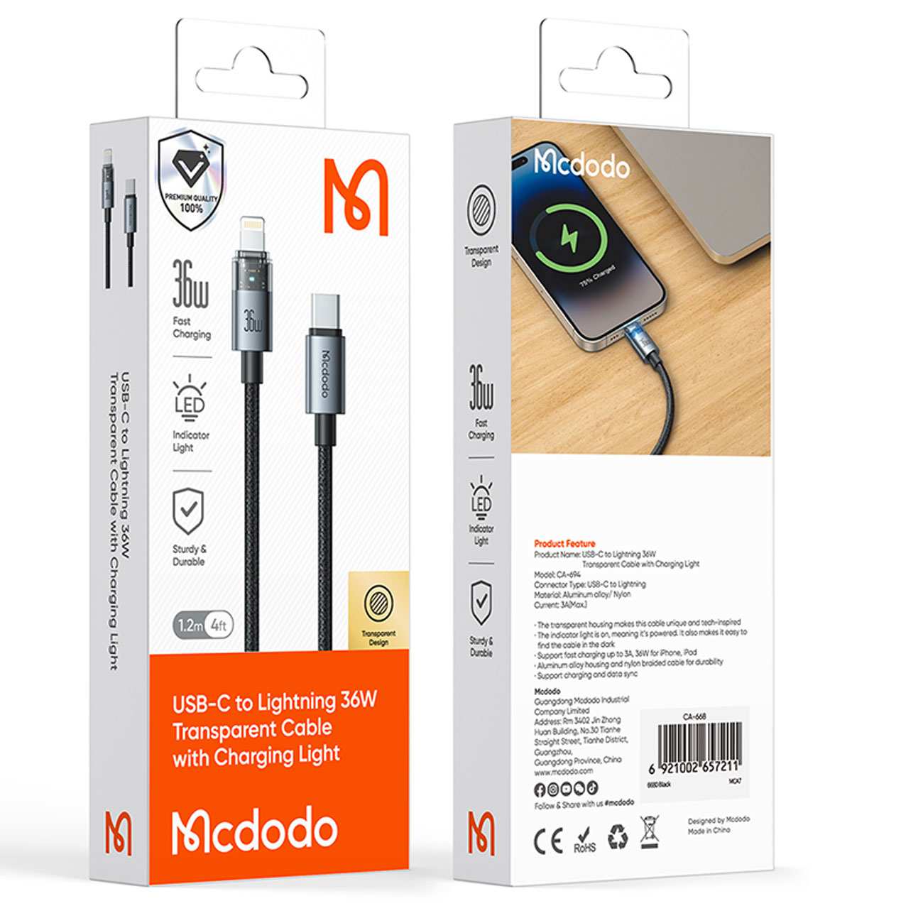 کابل شارژ سریع تایپ سی به لایتنینگ 36 وات 1.2 متری کارپلی مکدودو CA-694