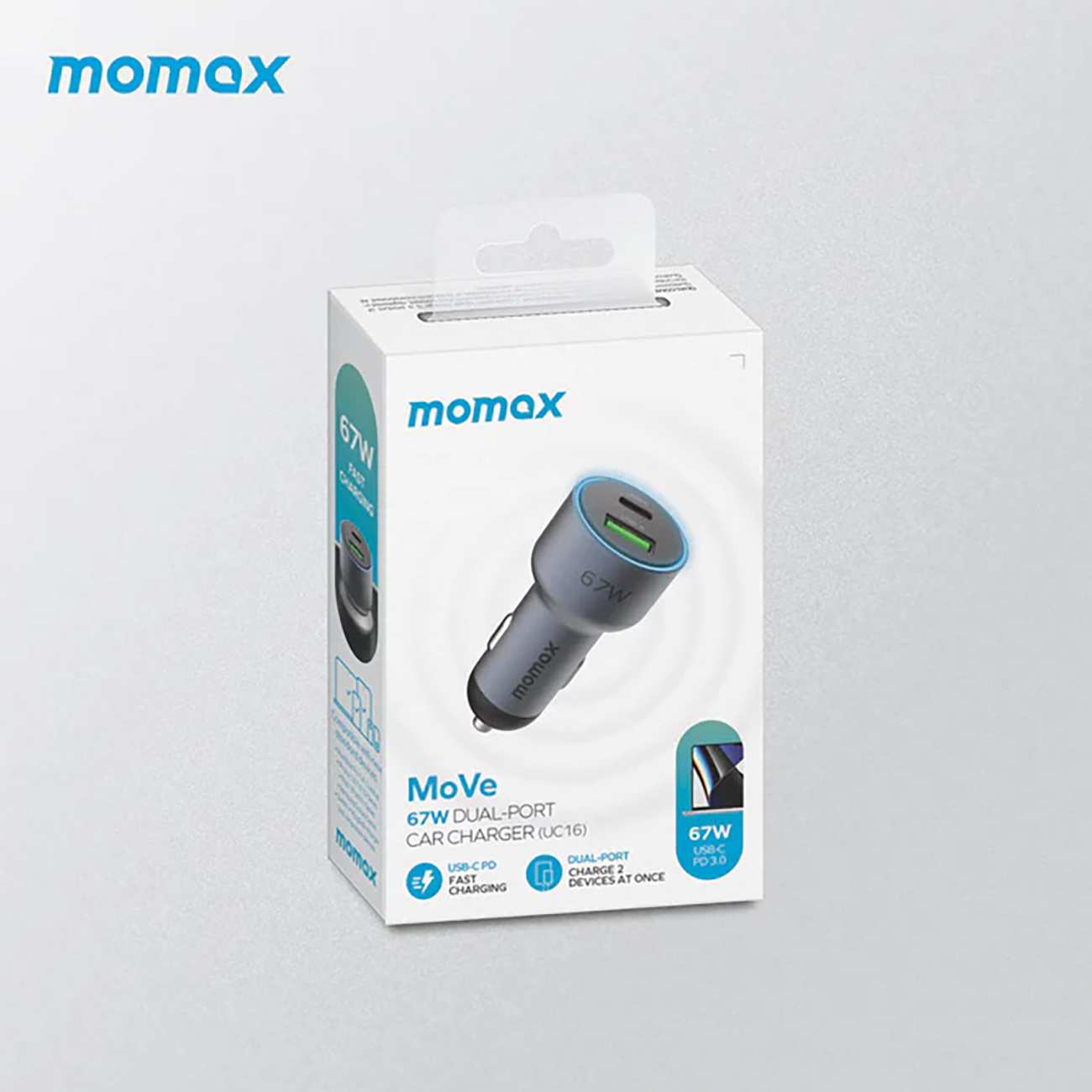 شارژر فندکی فست شارژ ماشین تایپ سی و یواسبی 67 وات مومکس UC16