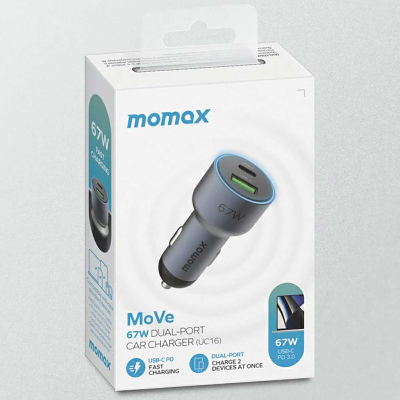 شارژر فندکی فست شارژ ماشین تایپ سی و یواسبی 67 وات مومکس UC16