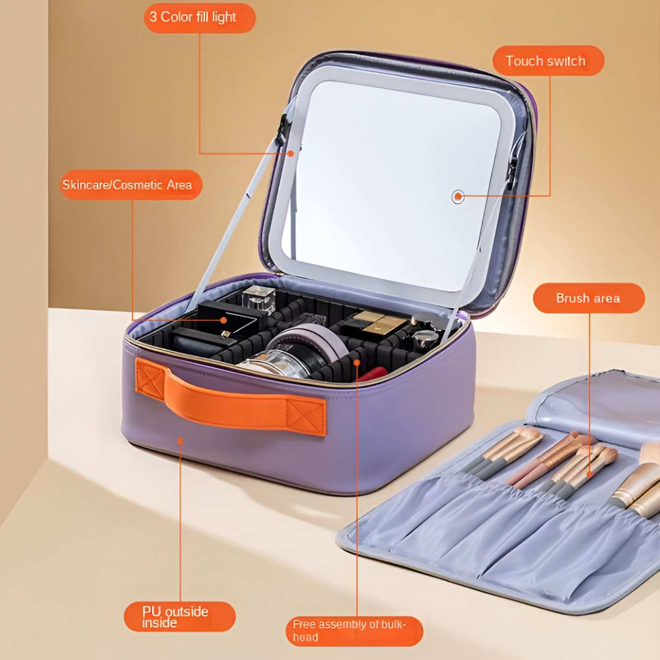 کیف لوازم آرایشی با آینه چراغدار لمسی شارژی قابل حمل جوردن و جودی PT068