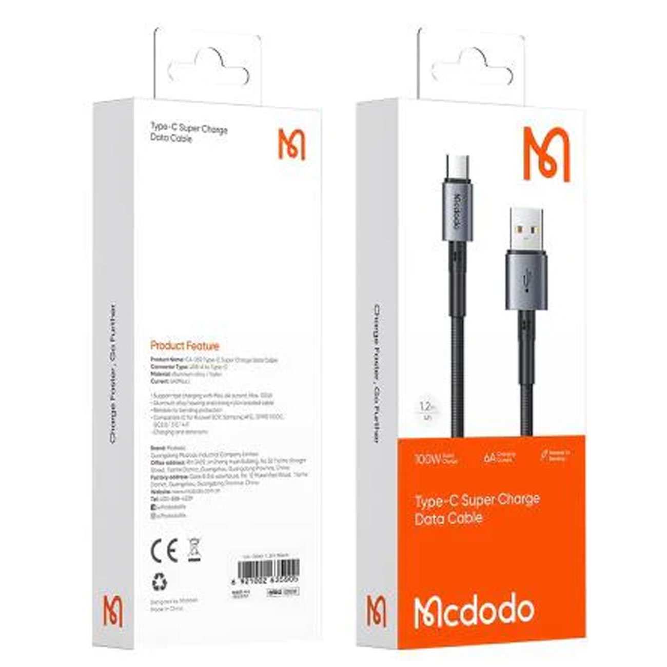 کابل فستشارژ یو اس بی به تایپ سی 100 وات 6 آمپر 1.2 متری مک دودو CA-3590