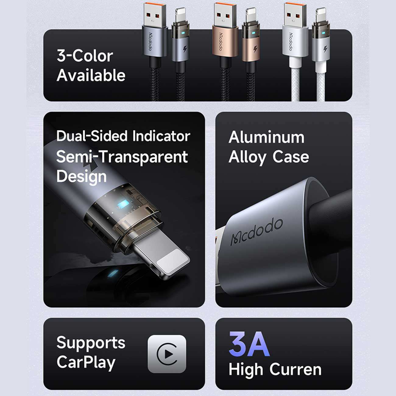 کابل کارپلی سوپر فست شارژ یو اس بی به لایتنینگ 3 آمپر 1.2 متری مکدودو CA-691