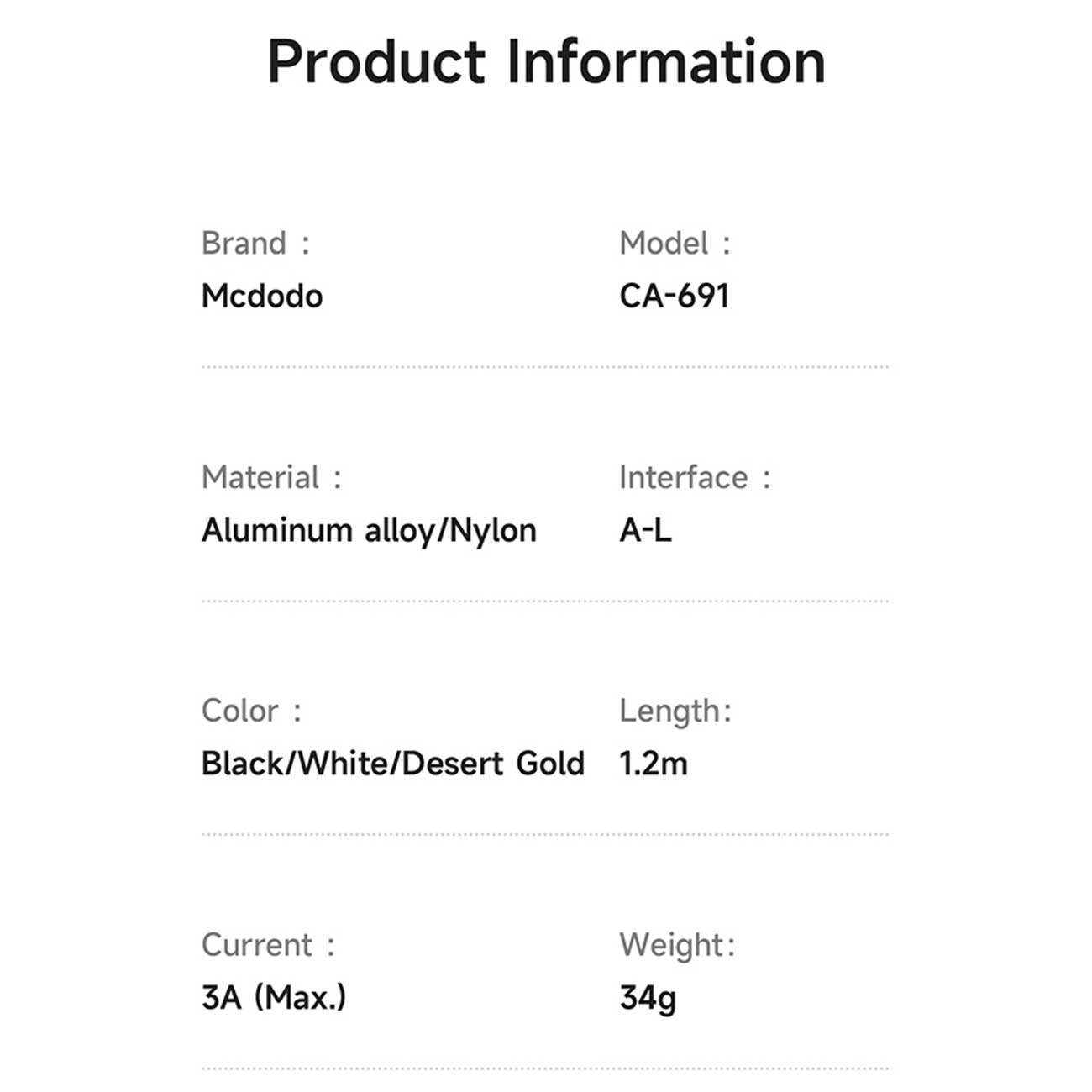 کابل کارپلی سوپر فست شارژ یو اس بی به لایتنینگ 3 آمپر 1.2 متری مکدودو CA-691