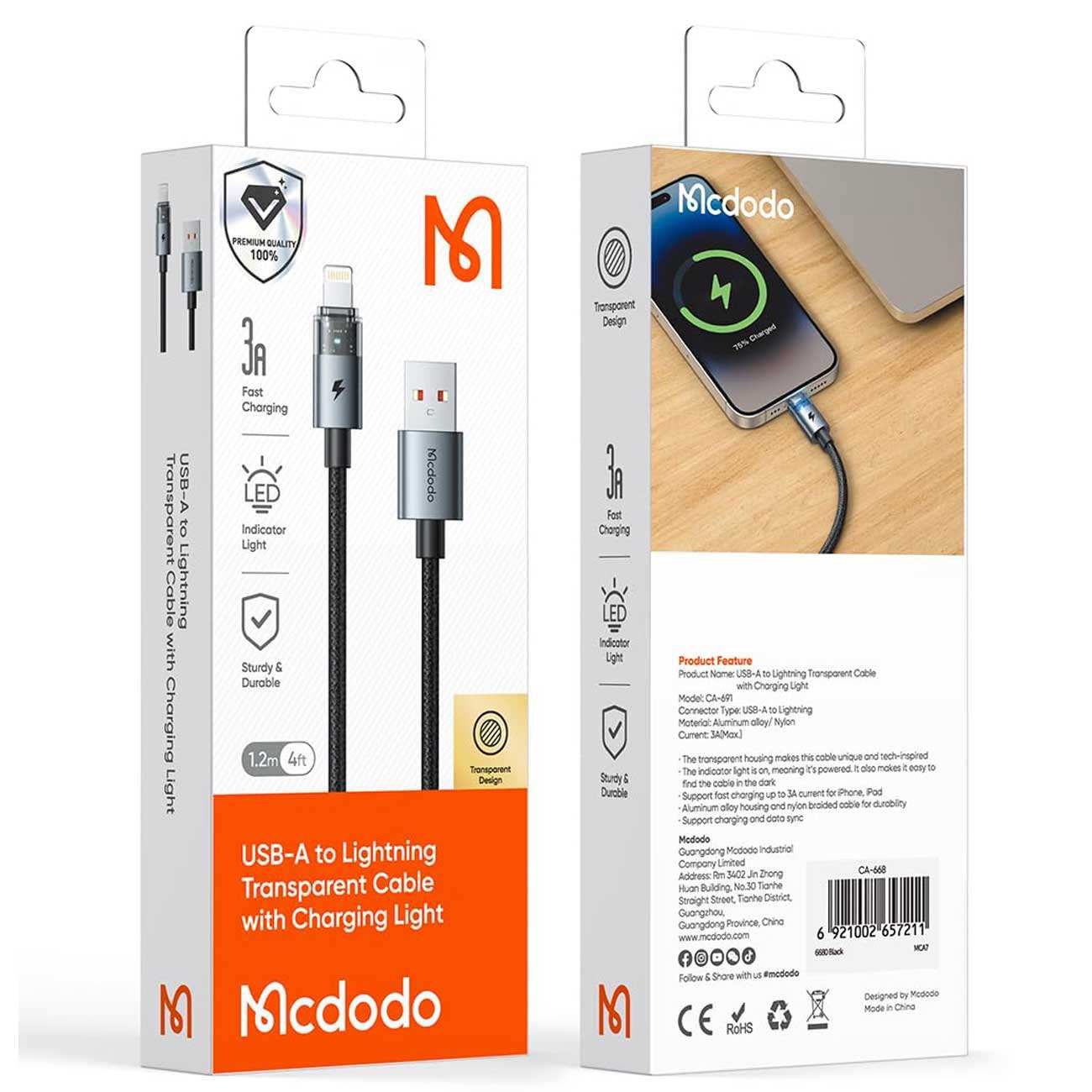 کابل کارپلی سوپر فست شارژ یو اس بی به لایتنینگ 3 آمپر 1.2 متری مکدودو CA-691