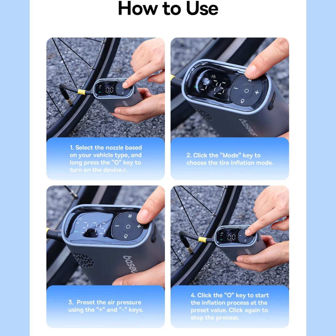 پمپ باد دیجیتالی شارژی دوچرخه و موتورسیکلت با چراغ قوه قابل حمل بیسوس C11169000121-00